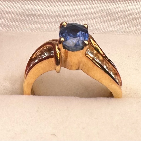 Ring 18k yellow gold 22 round diamonds and 1 oval Ceylon sapphire - Picture 3 of 12